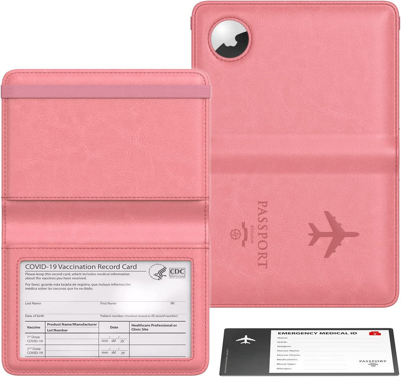 Stouchi AirTag Passport Holder, Simple Passport Holder with AirTag Slot, Passport Wallet Cover for Women, Family Leather Passport Protector Case